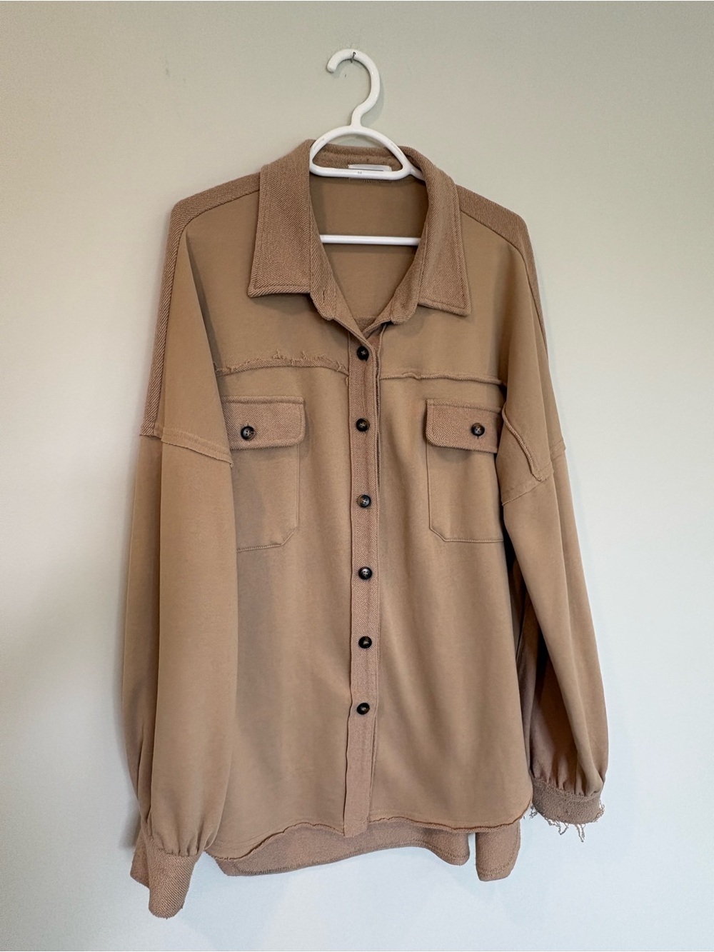 DARLING Camel Tan Oversized Mixed Media Button Up Shacket Jacket Large